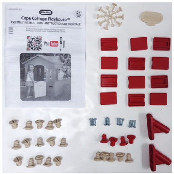 HARDWARE PACK: Tan Fastener, spacer Tan, Runner Tan, Plastic Screws Tan/Red, Screw (h), Screw G (24), Roof Lock, Flag Post, Tool, Pan Head Screws, Screws J (8)