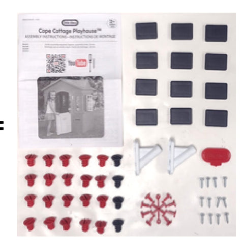Hardware Pack: Red Fasteners, Spacer (M), Screws H (4), Screws G (24), Screw J (8), Roof Locks (F), Tool (K), Runner Dark Red,