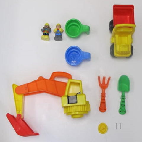 Hardware Pack: Sifter/Water Cups (I-2), Shovel (H), Rake (G), Truck (F), Digger (C), Characters (J-2), Retaining Cap (D) and Screw (E-2