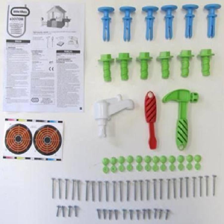 Hardware Pack: Small Bolt Cover (LL-12), Plastic Screw (N-6),Hammer, Nail (6), Screwdriver, Faucet (Z), Decal Sheet, Instructions, 1 inch Screw