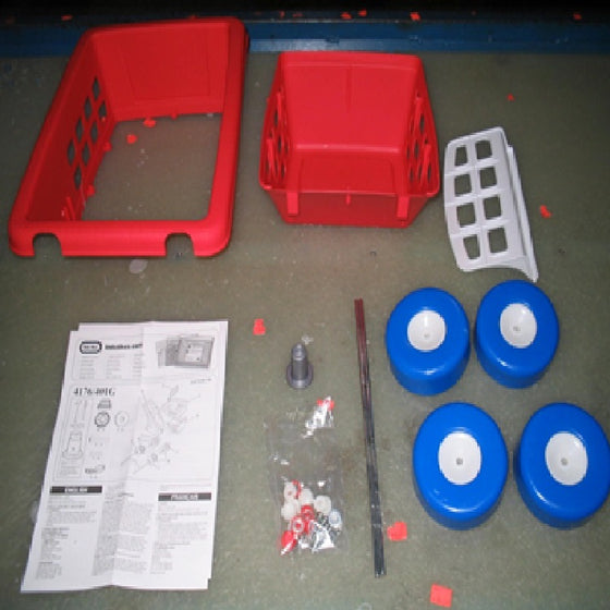 Hardware Pack: Small Capnut Tool (K), Basket Top (A), Basket Bottom (B), Seat Basket (F), Axle (G), Blue Wheel Front (I), Wheel Back (M), 1 inch Screw (E), Bolt Cover White (L), 3/4 inch Screw (C), 1/4 inch Capnut (H), 1/4 inch Washer (J) and Instructions
